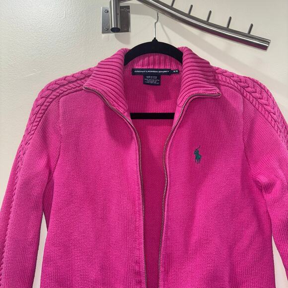 Vintage Ralph Lauren Sport Pink Zip-Up Cable Knit Jacket Size Medium - Picture 11 of 15